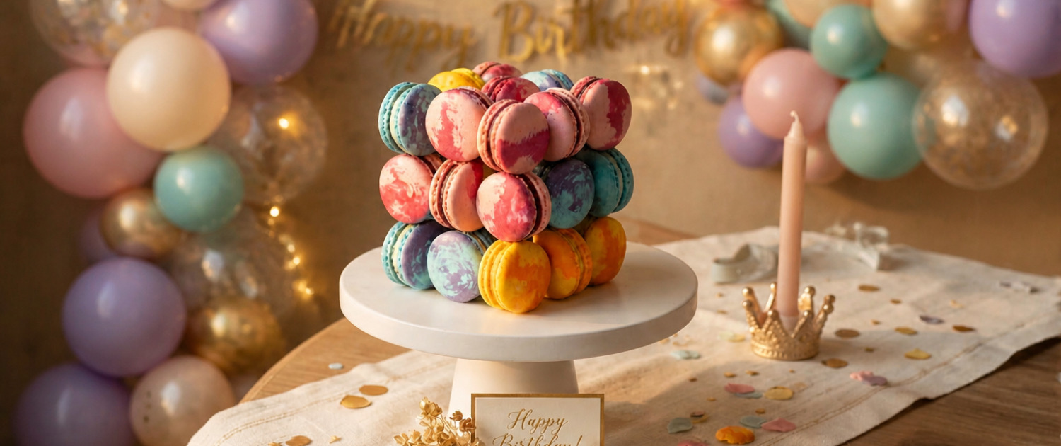 Macaron-Torte-Geburtstag Macaron Torte Würfel zum Geburtstag