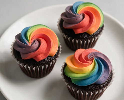 Pride-Schoko-Cupcake Pride Schoko Cupcake mit Regenbogen Dekoration
