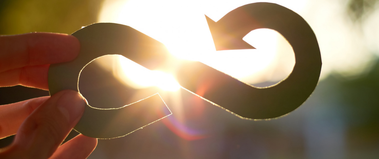 Circular system symbol on a nature background.